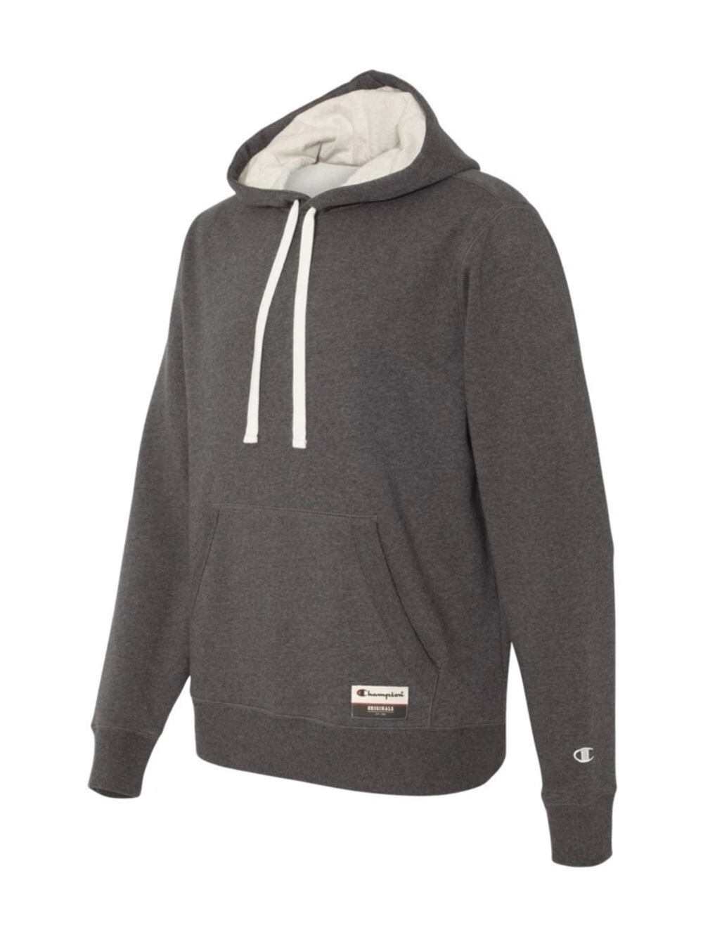 Champion Men's Dark Gray Crewneck Hoodie with White Drawstrings